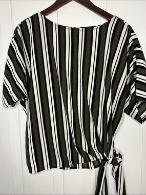Michael Kors Olive Green Black and White Striped Tie-Front Short Sleeve Top